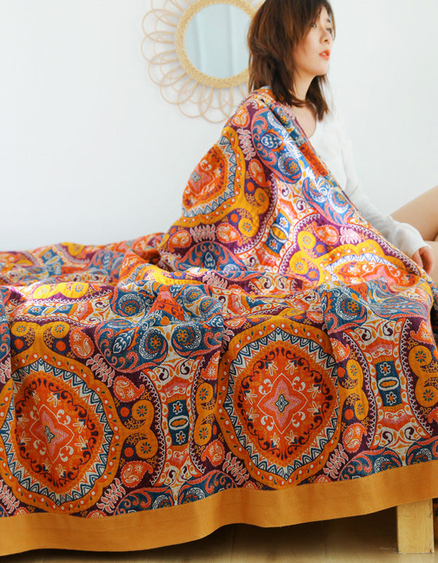 Manta de sofá con cubrecama naranja de algodón reversible bohemio