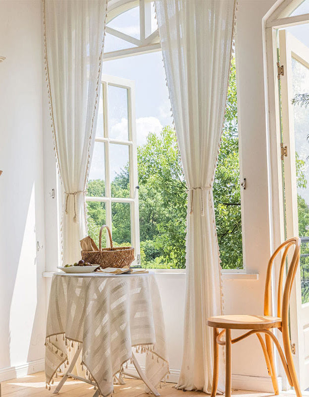 Boho White Hollow-Out Curtain with Tassel Trim