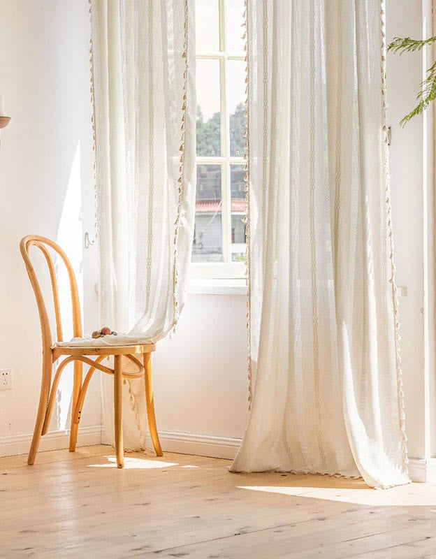 Boho White Hollow-Out Curtain with Tassel Trim