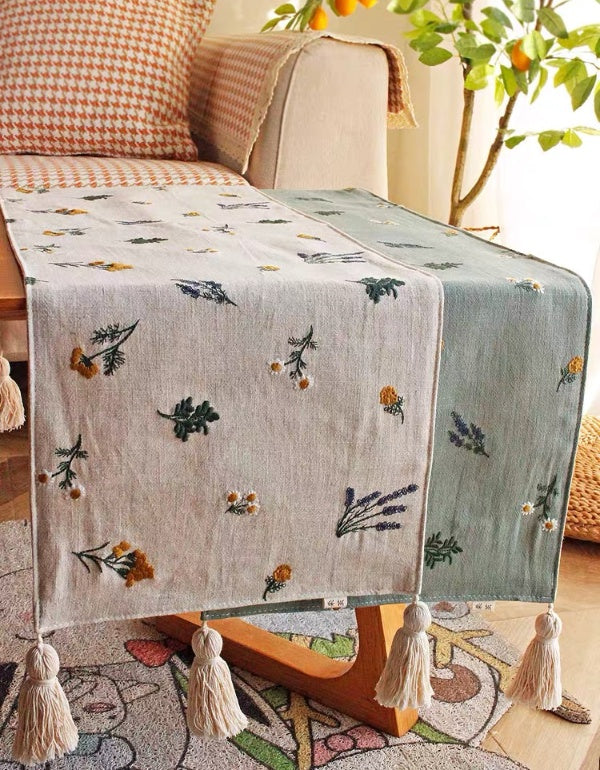 Botanical Floral Embroidery Table Runner