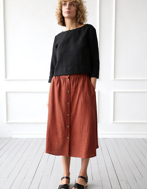 Buckles Front Mid-length Linen Skirt