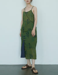 Casual Floral Green Sheer Linen Strap Top