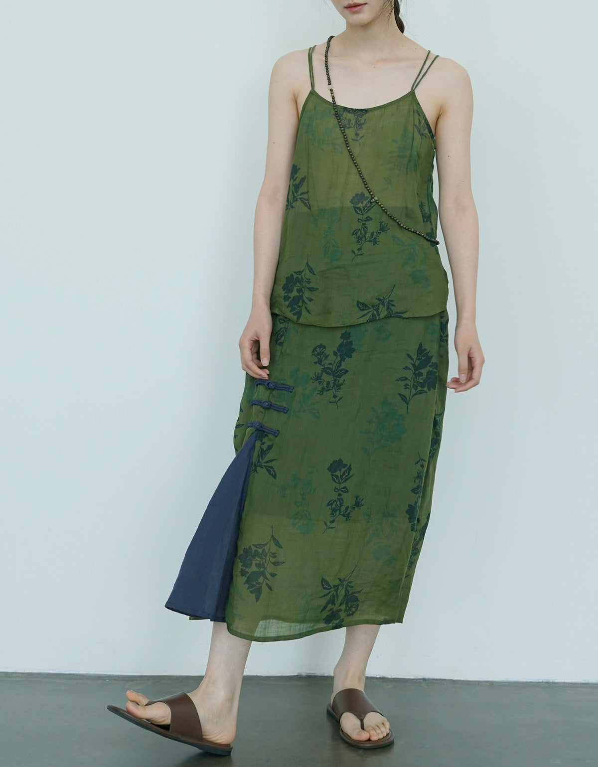 Casual Floral Green Sheer Linen Strap Top