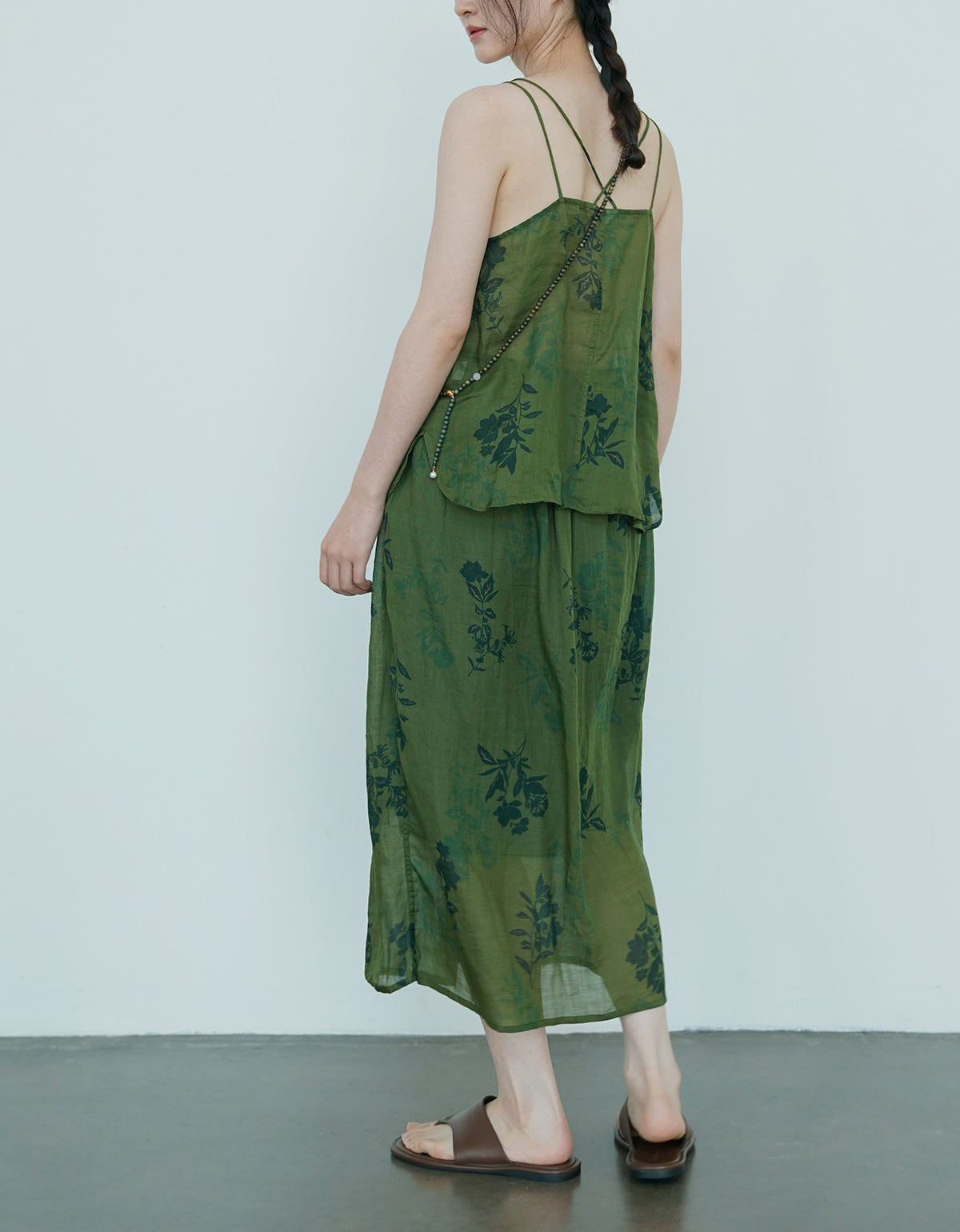 Casual Floral Green Sheer Linen Strap Top