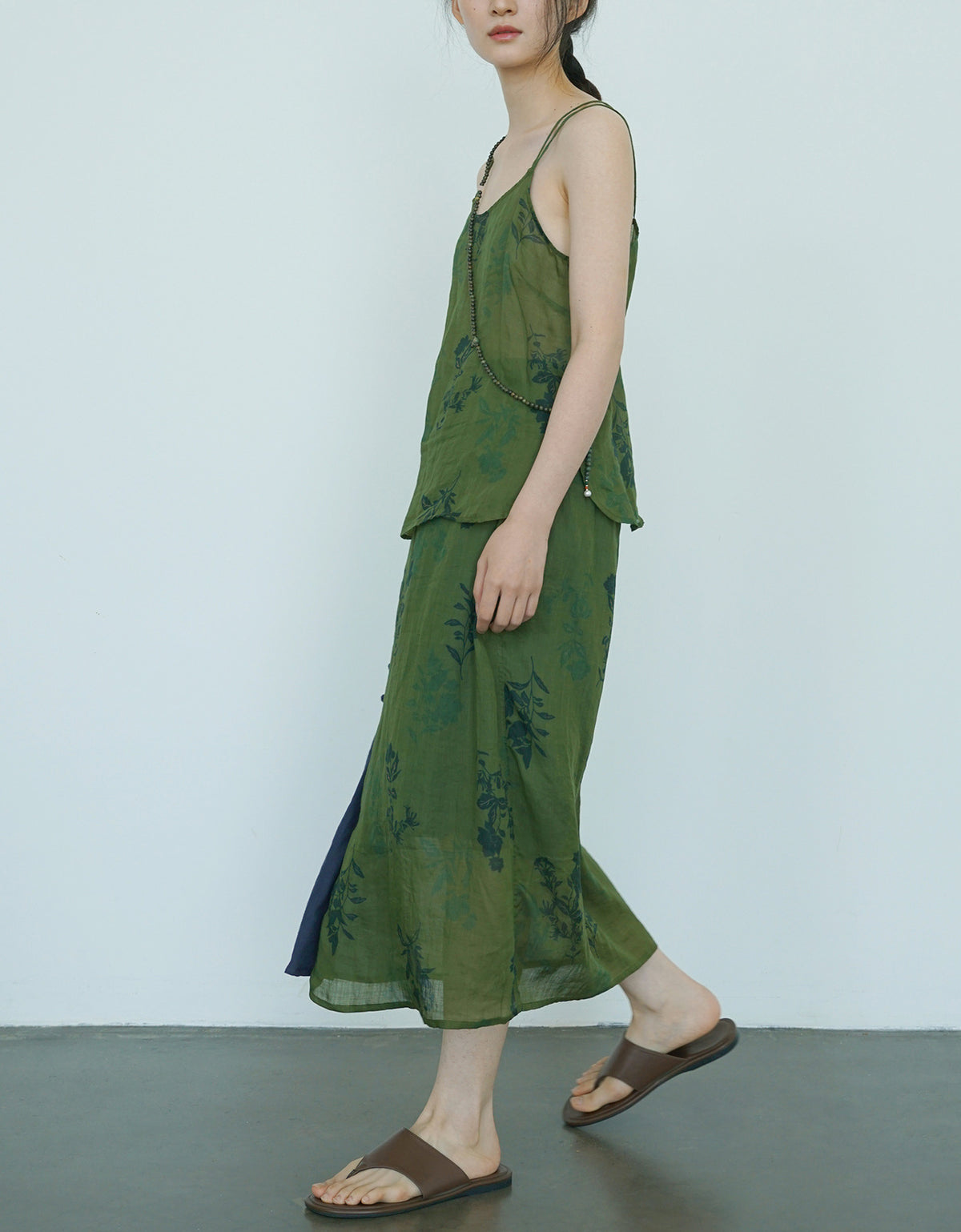 Casual Floral Green Sheer Linen Strap Top