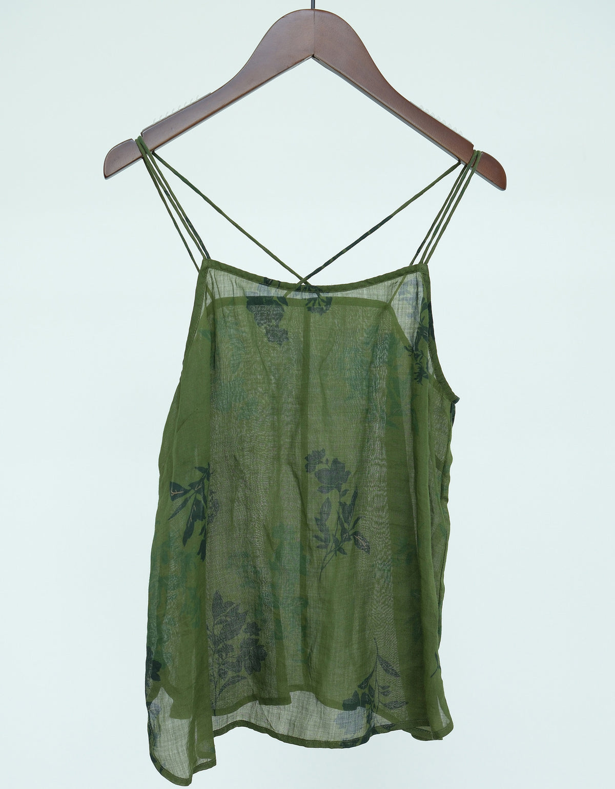 Casual Floral Green Sheer Linen Strap Top