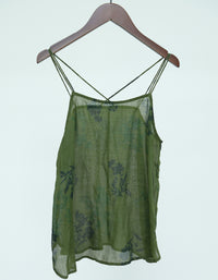 Casual Floral Green Sheer Linen Strap Top