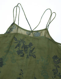 Casual Floral Green Sheer Linen Strap Top