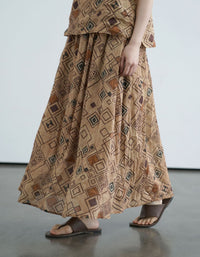 Vintage Casual Geometric Print Pure Linen Maxi Skirt