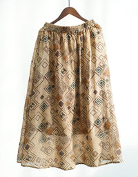 Vintage Casual Geometric Print Pure Linen Maxi Skirt