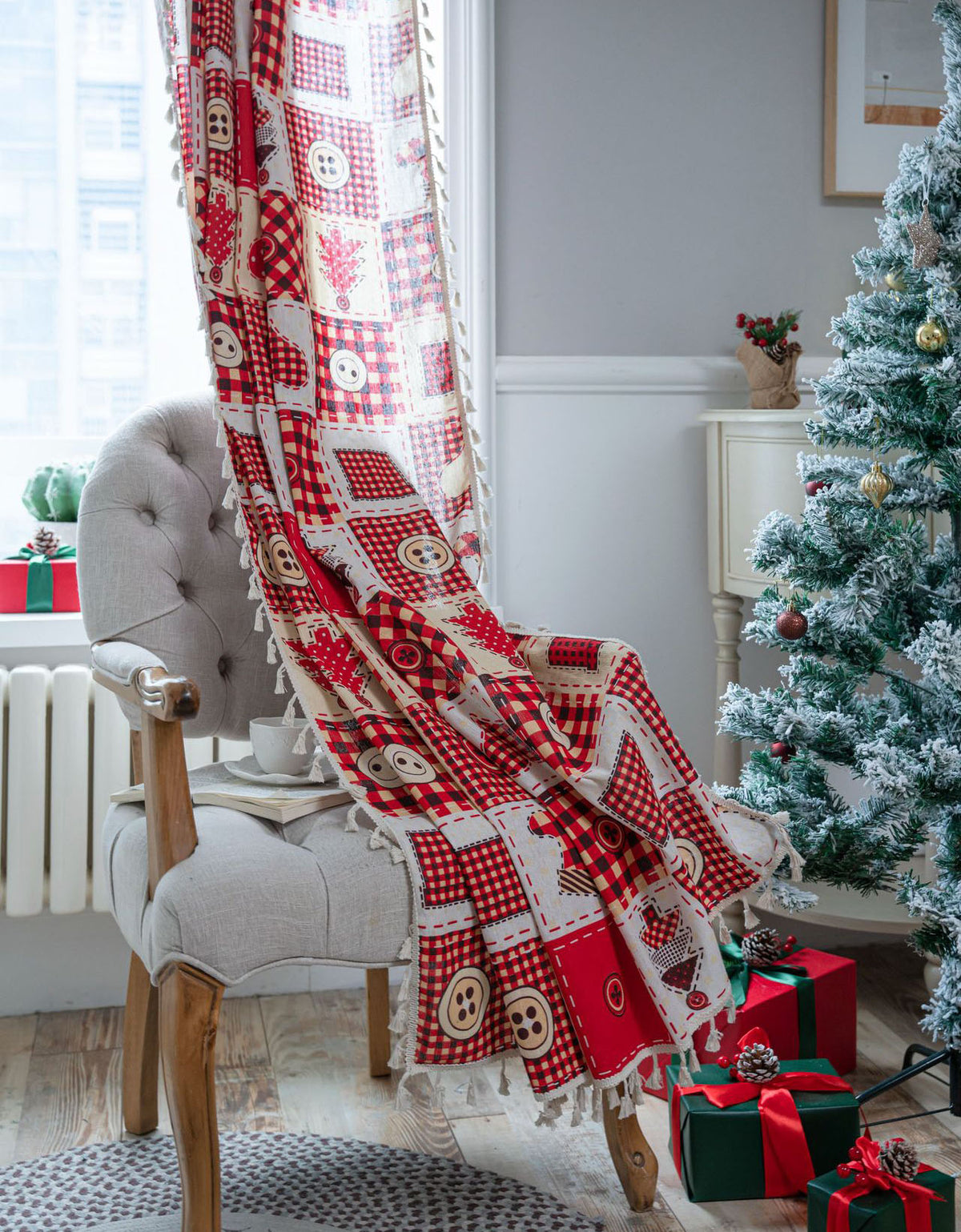 Rideaux en pur coton rouge de style Noël