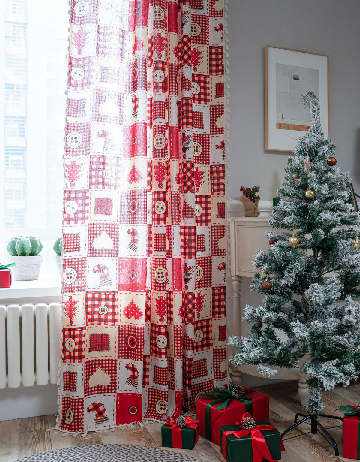 Rideaux en pur coton rouge de style Noël