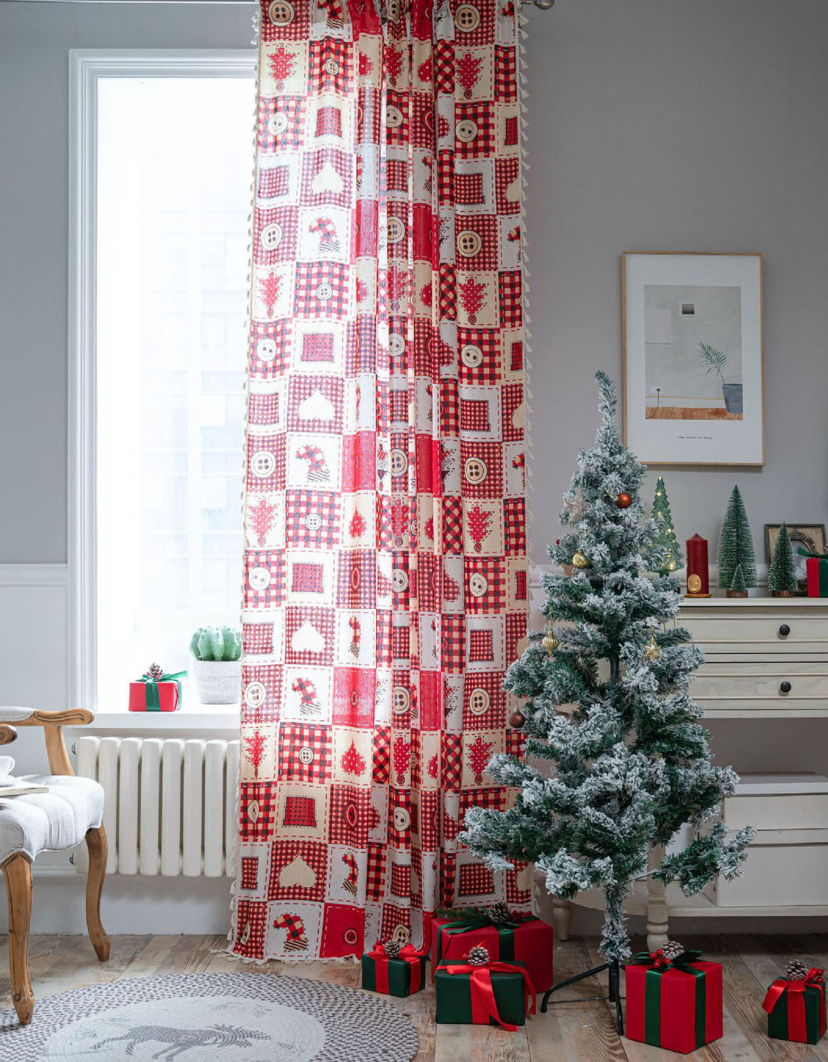 Rideaux en pur coton rouge de style Noël