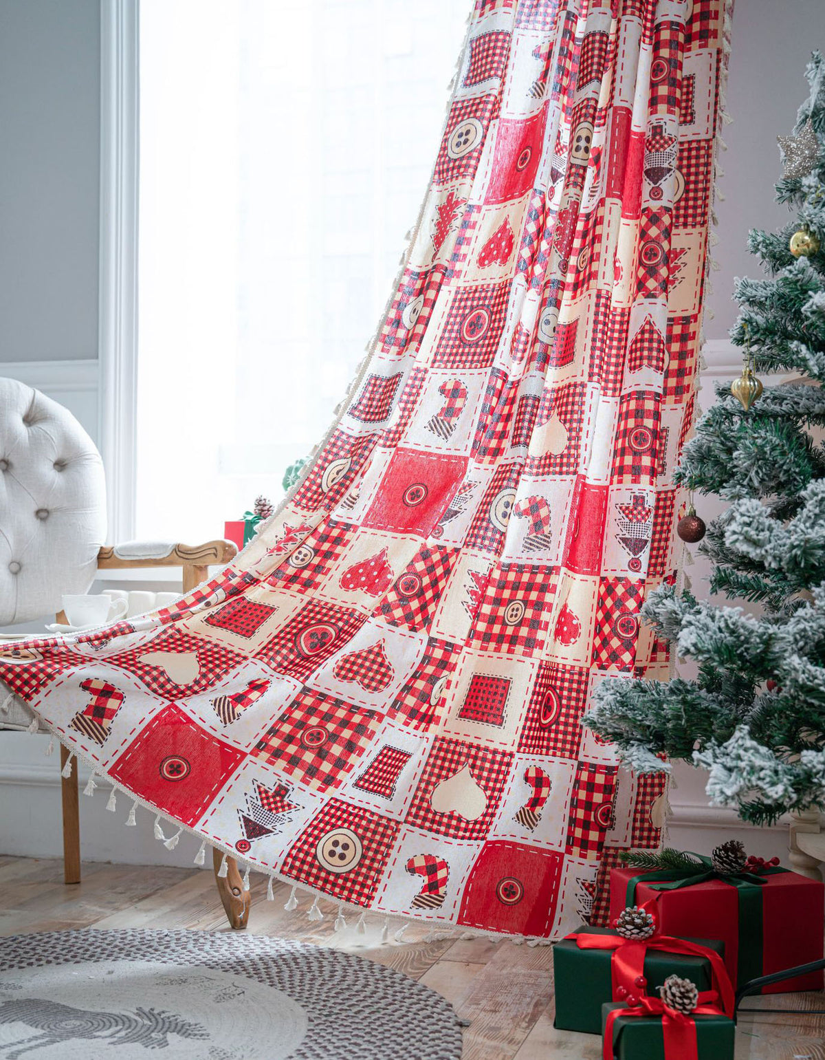 Cortinas de algodón puro de color rojo con estilo navideño