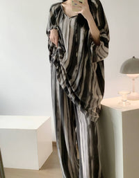 Comfortable White Black Striped Soft Loungewear Set