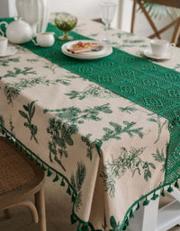 Nappe en coton avec dentelle au centre et imprimé floral (bleu, vert) 