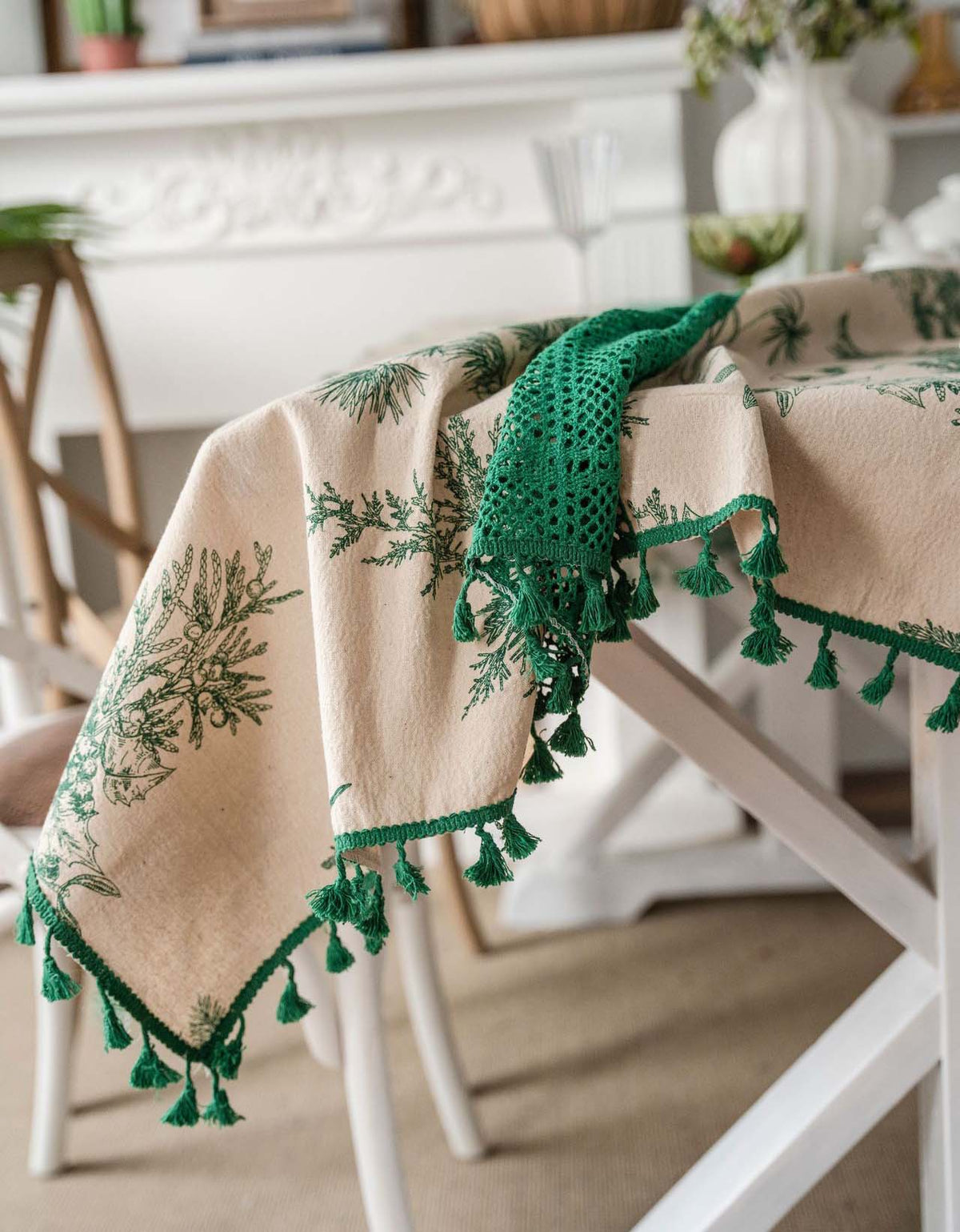 Mantel de algodón con estampado de flores y encaje central (azul, verde) 