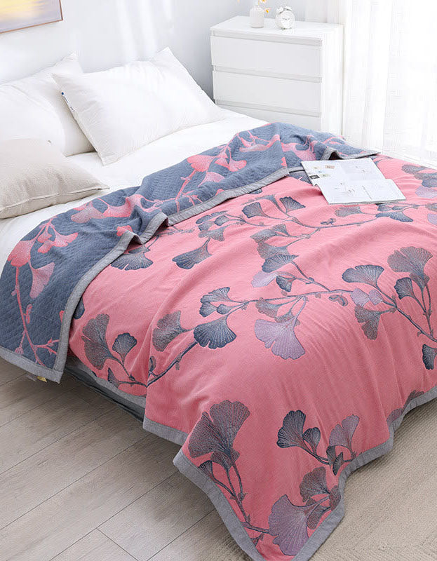 Cotton Gauze Leaf Pattern Reversible Bedcover Sofa Blanket