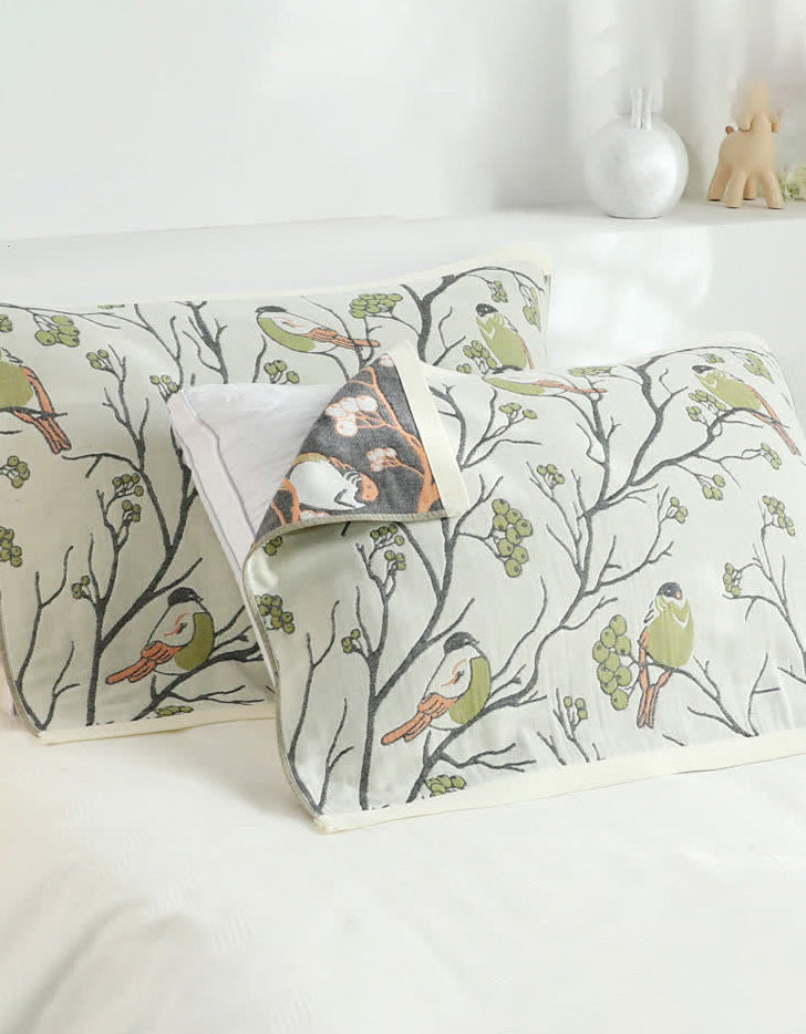 Housse de coussin en coton avec motif d'oiseau aubépine (2 pièces)