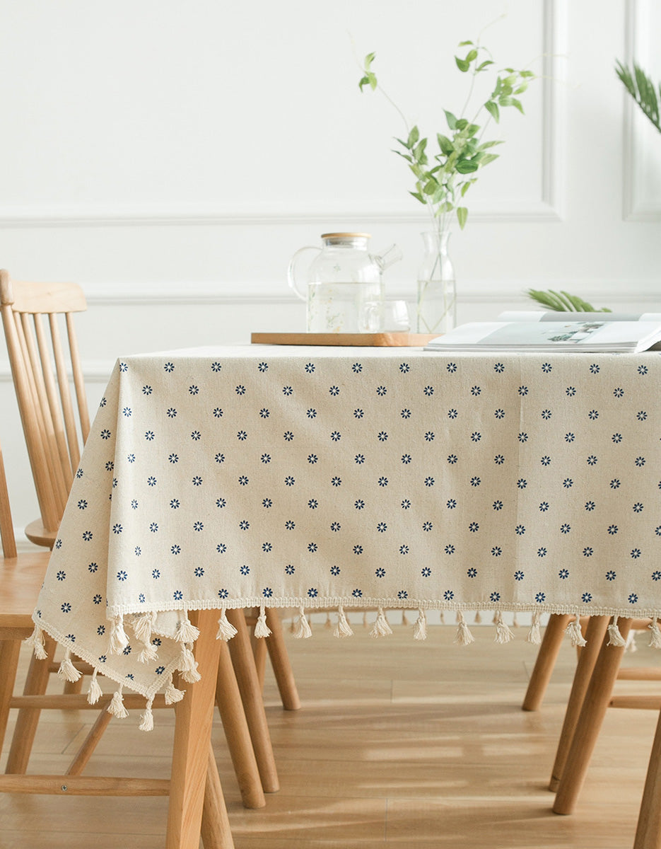 Nappe en coton et lin à imprimé marguerites bleues