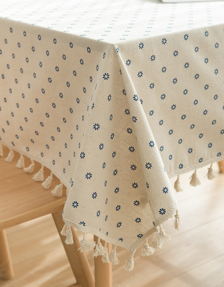 Cotton Linen Blue Daisy Printing Tablecloth