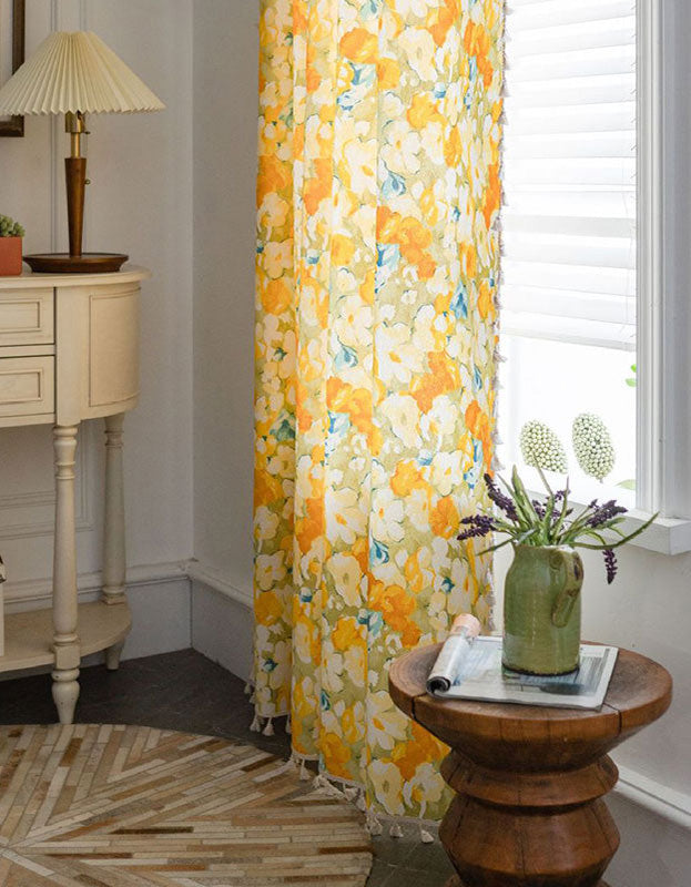 Cotton Linen Yellow Flower Curtains