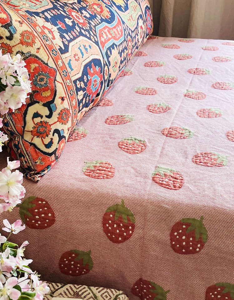 Cotton Pink Strawberry Bedroom Blanket