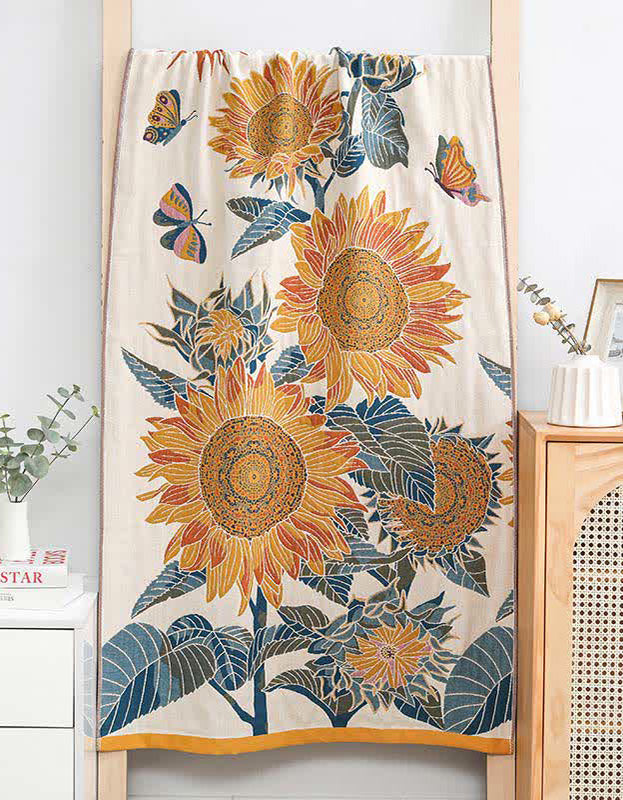 Serviette de bain réversible en coton à motif tournesol