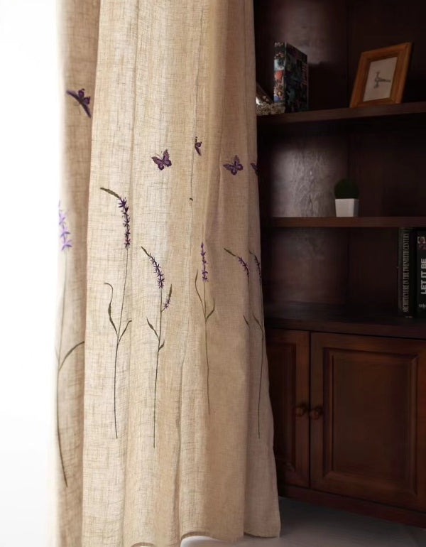 Countryside Linen Lavender Butterfly Embroidery Finished Curtains