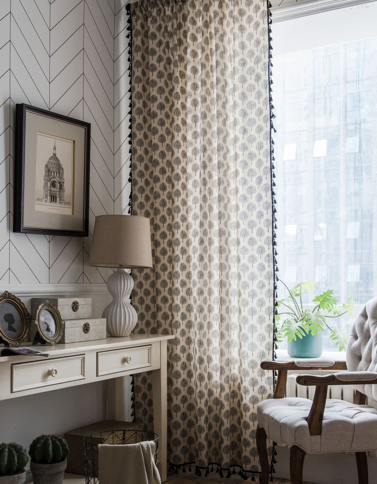 Cortinas de lino y algodón con estampado de árboles de estilo campestre