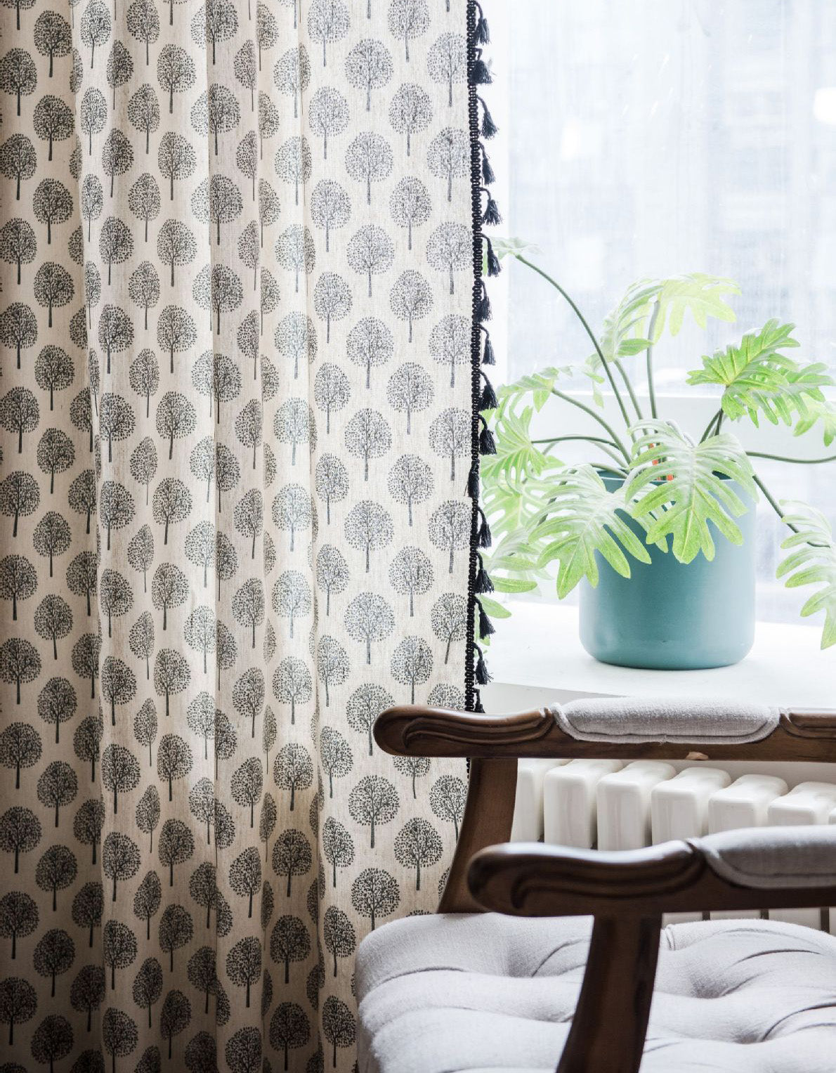 Cortinas de lino y algodón con estampado de árboles de estilo campestre