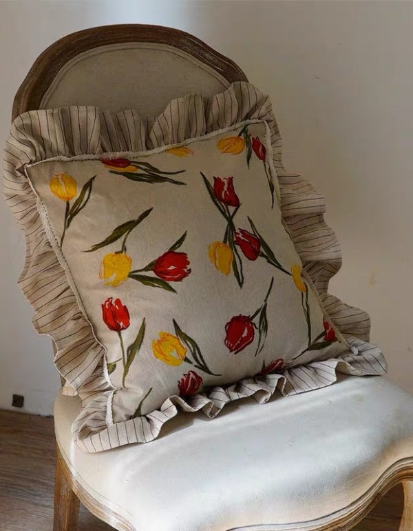 Housse de coussin en coton et lin imprimé tulipes de campagne