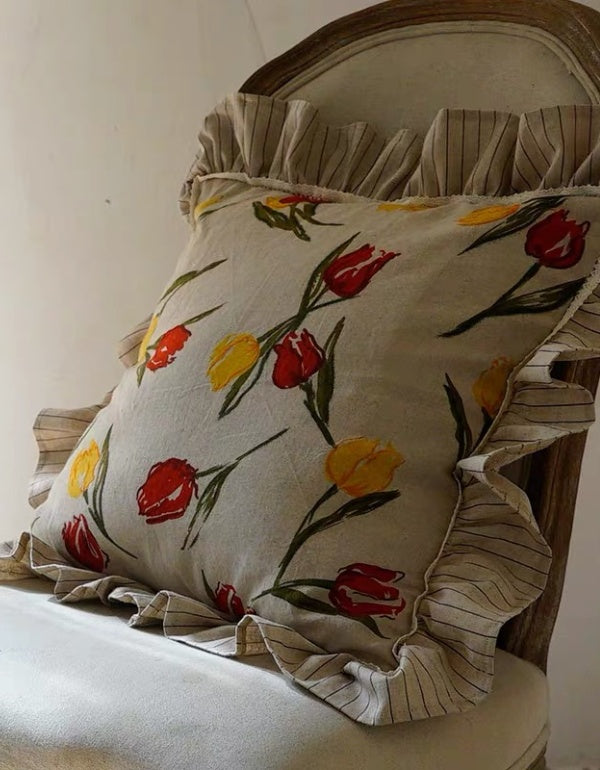 Housse de coussin en coton et lin imprimé tulipes de campagne