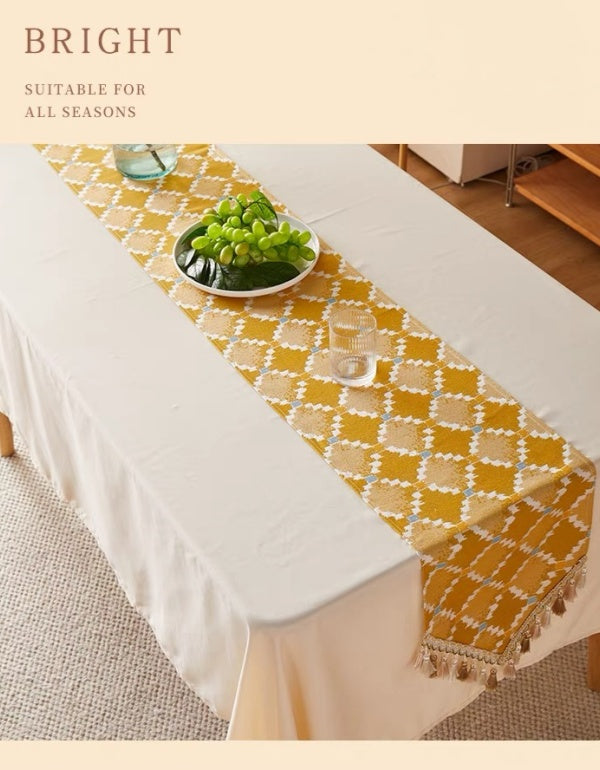 Eastern European Rhombus Yellow Pointed Tassel Table Runner