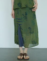 Elegant Green Floral High-Waisted Linen Wrap Skirt