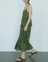 Elegant Green Floral High-Waisted Linen Wrap Skirt