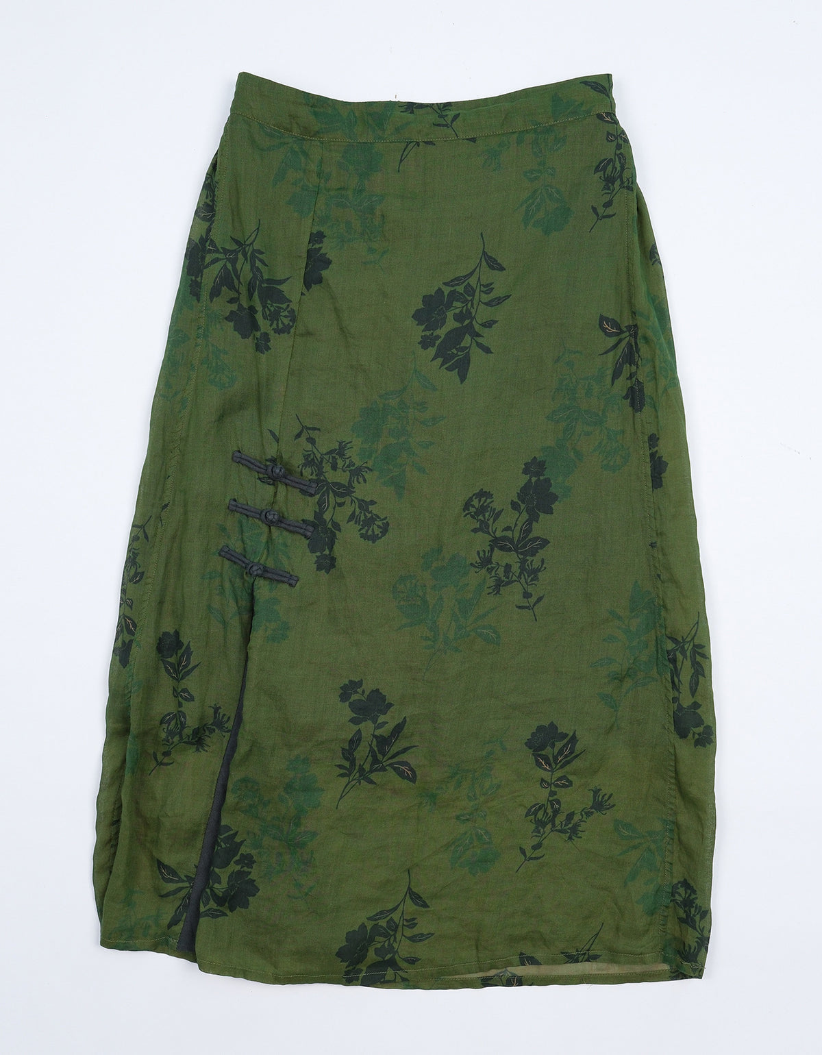 Elegant Green Floral High-Waisted Linen Wrap Skirt