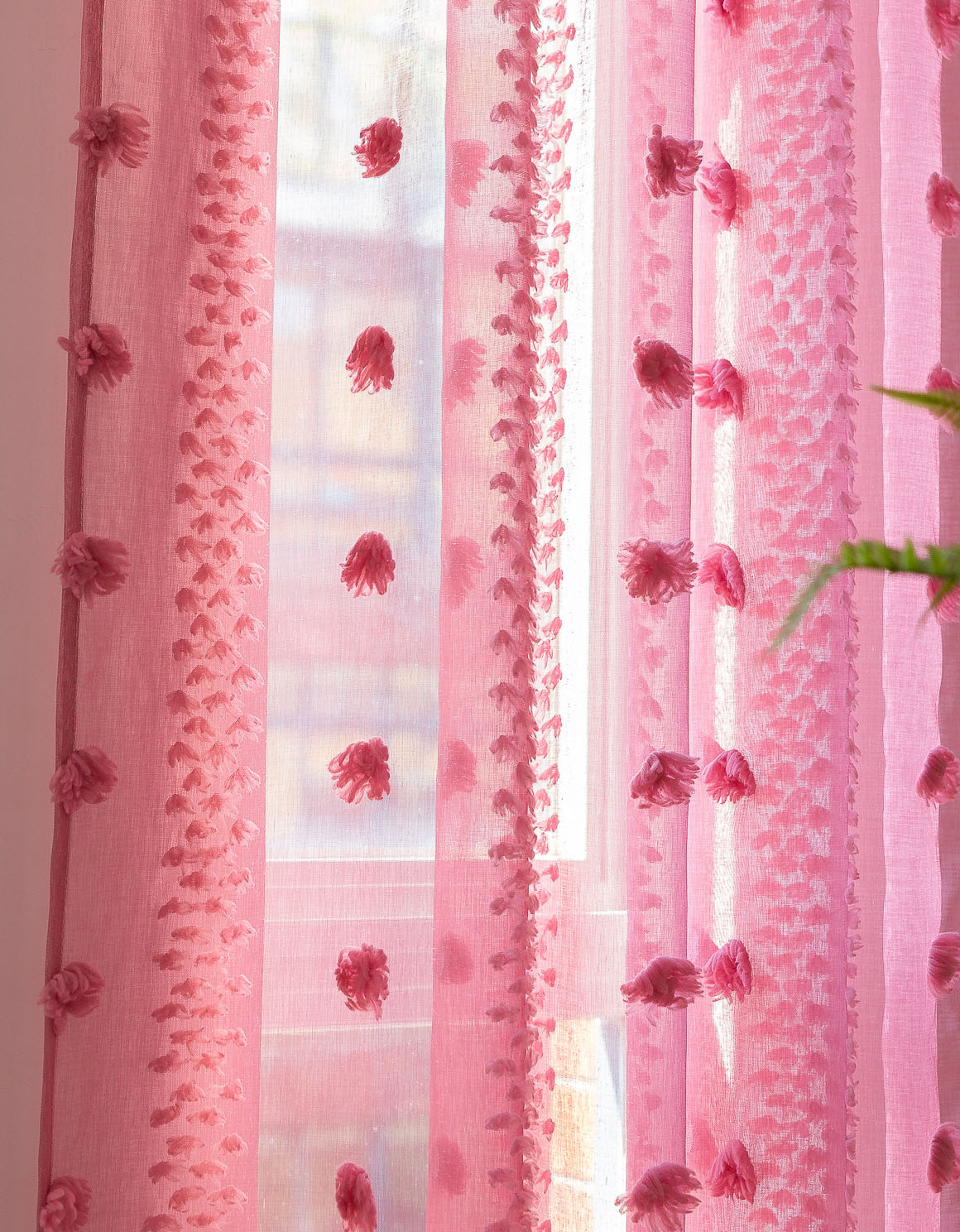 Elegant Pink Sheer Curtain with Textured Floral Accents