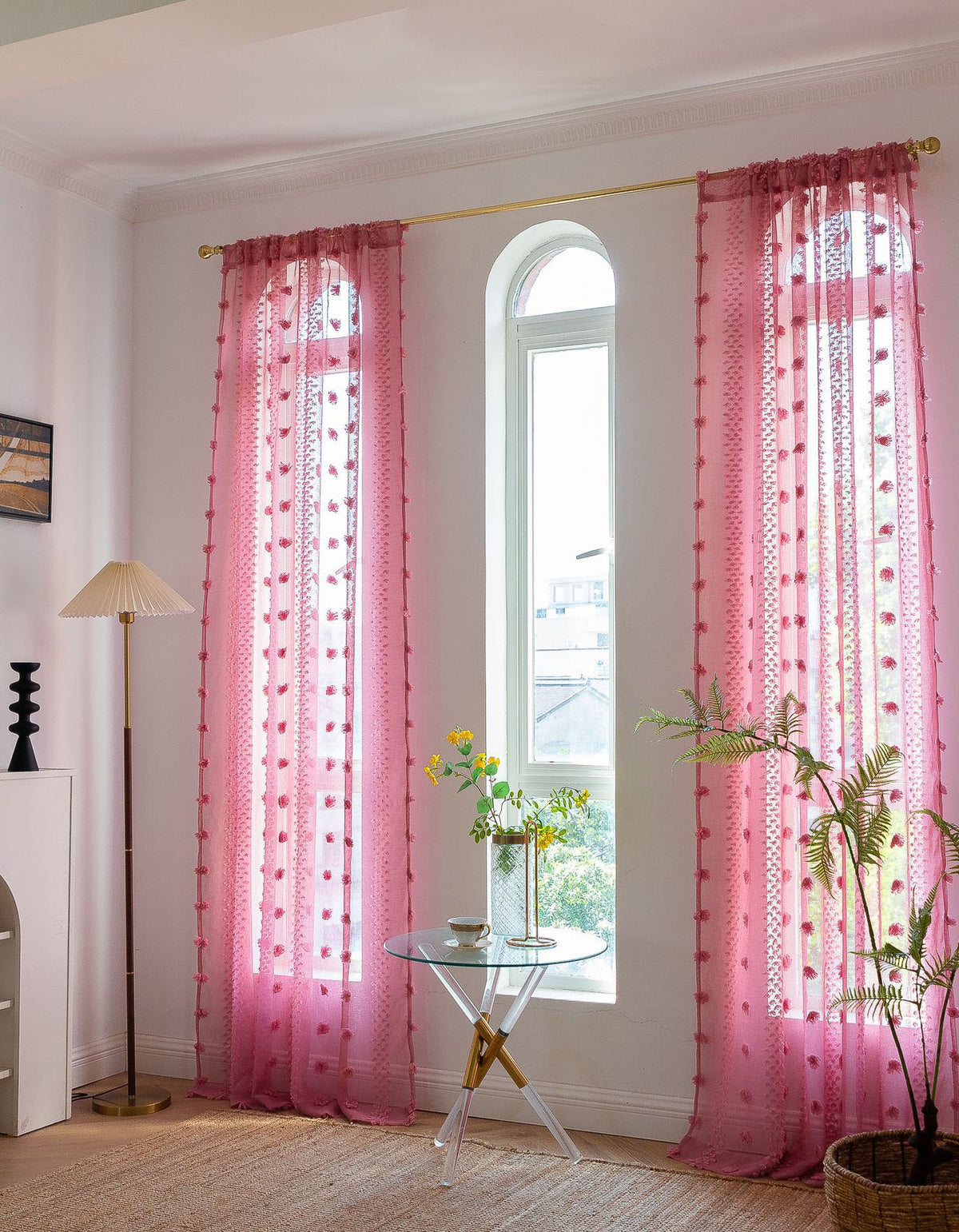 Elegant Pink Sheer Curtain with Textured Floral Accents