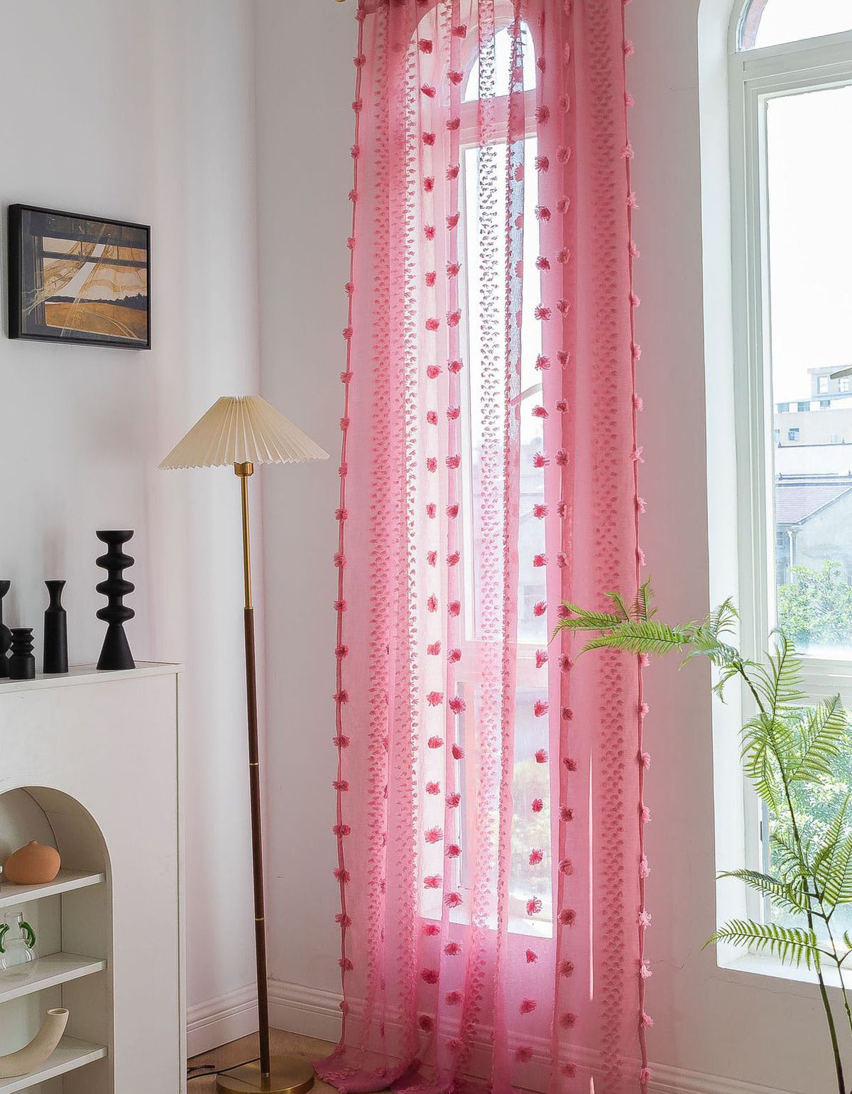 Elegant Pink Sheer Curtain with Textured Floral Accents