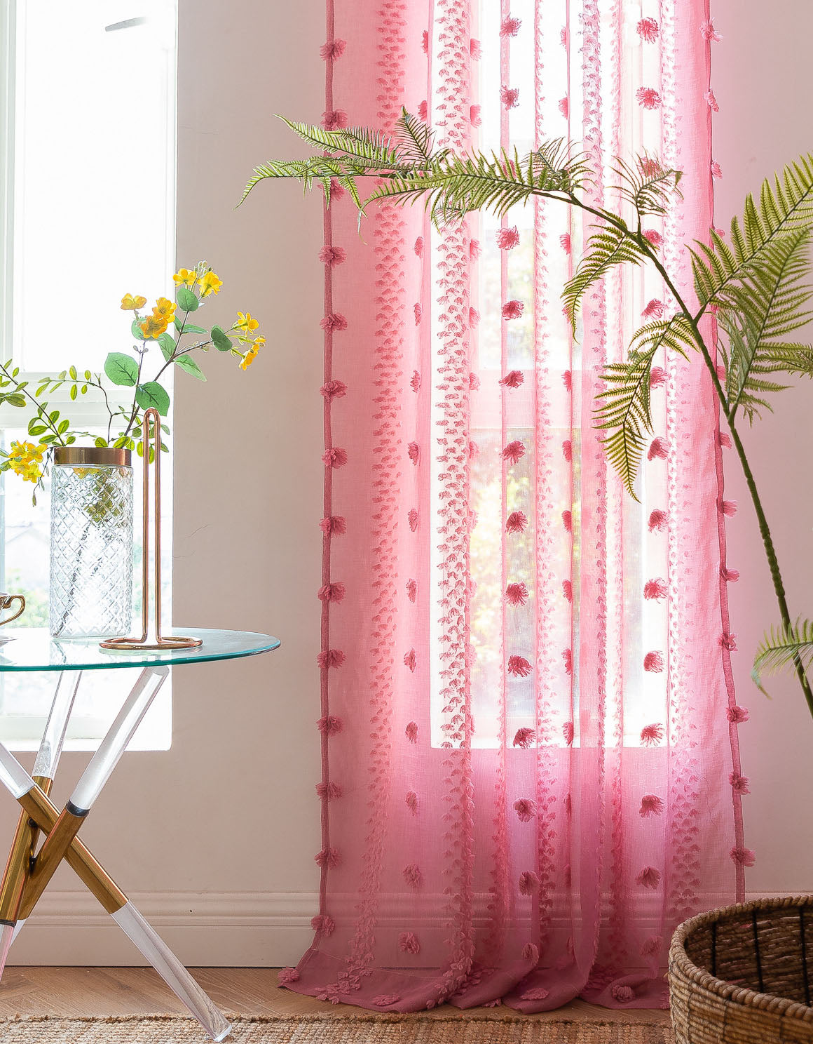 Elegant Pink Sheer Curtain with Textured Floral Accents