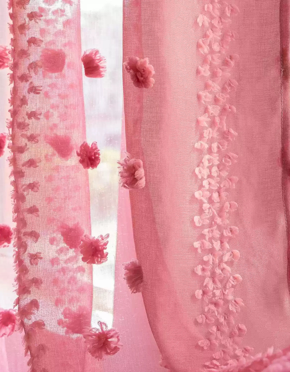 Elegant Pink Sheer Curtain with Textured Floral Accents