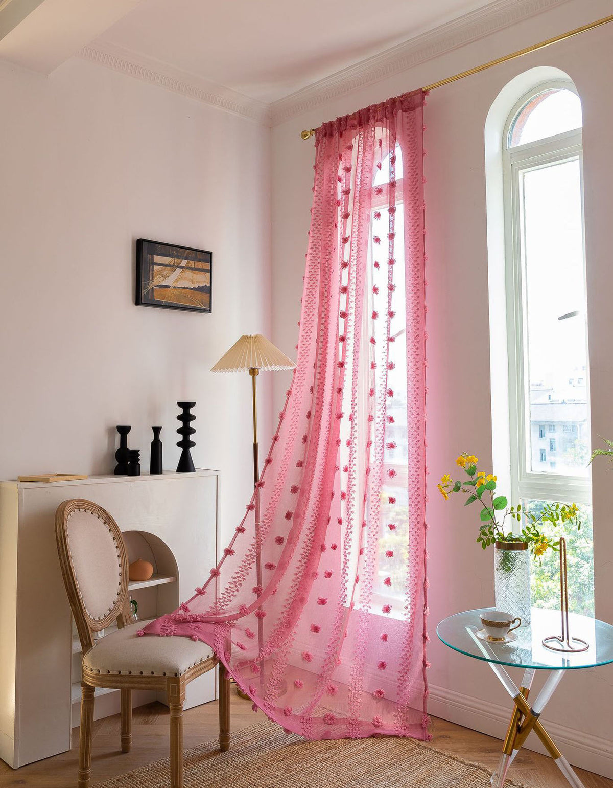 Elegant Pink Sheer Curtain with Textured Floral Accents