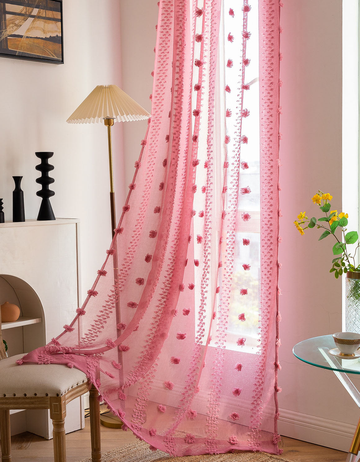 Elegant Pink Sheer Curtain with Textured Floral Accents