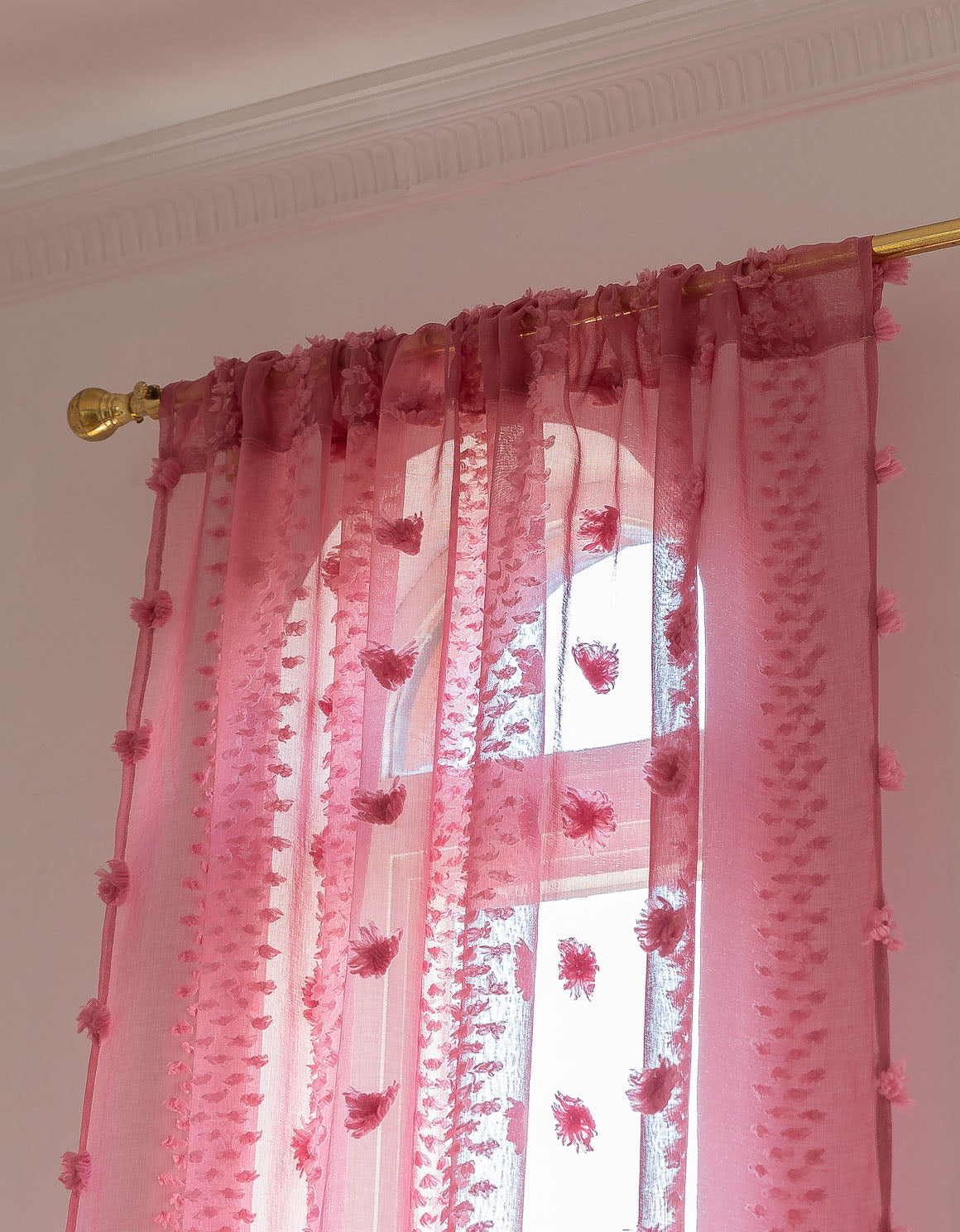 Elegant Pink Sheer Curtain with Textured Floral Accents