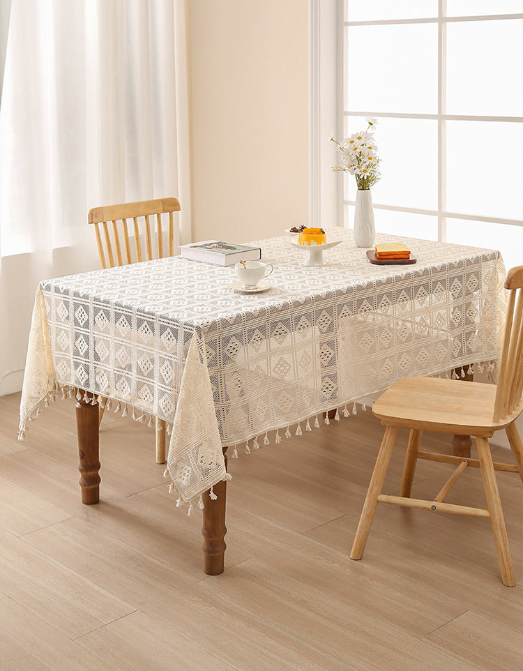 Elegant Vintage Boho Lace Tablecloth with Tassels