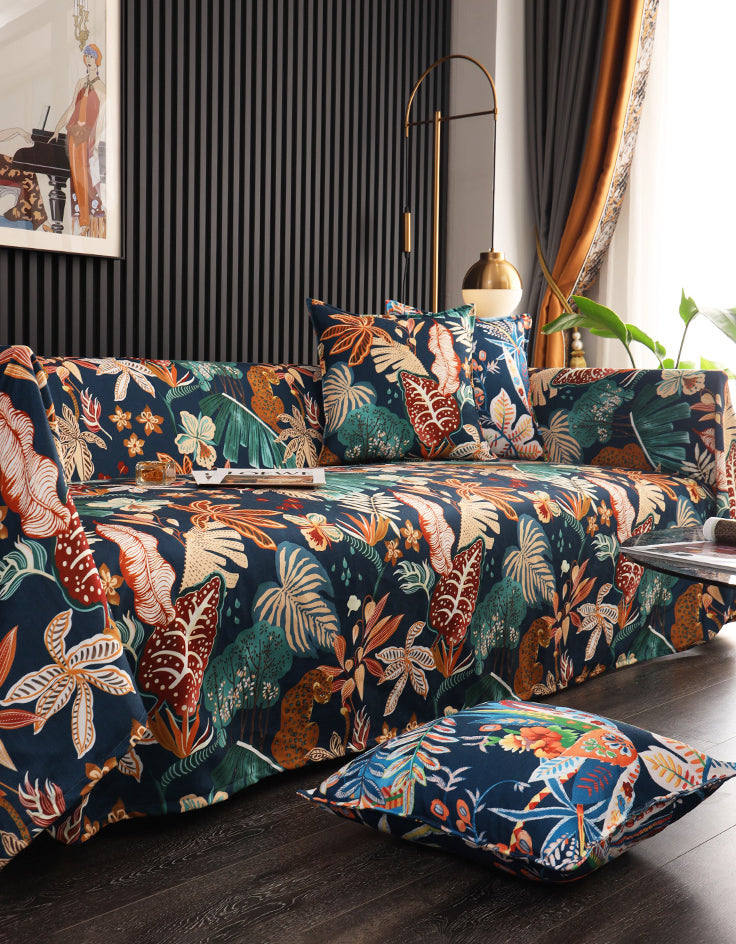 Floral Exotic Sofa Cover with Vibrant Botanical Design