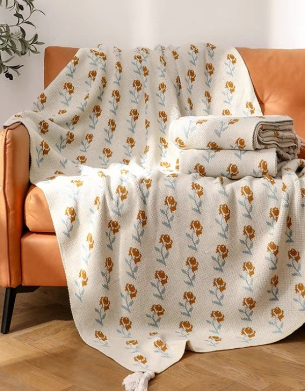 Floral Pattern Knitted Sofa Blanket