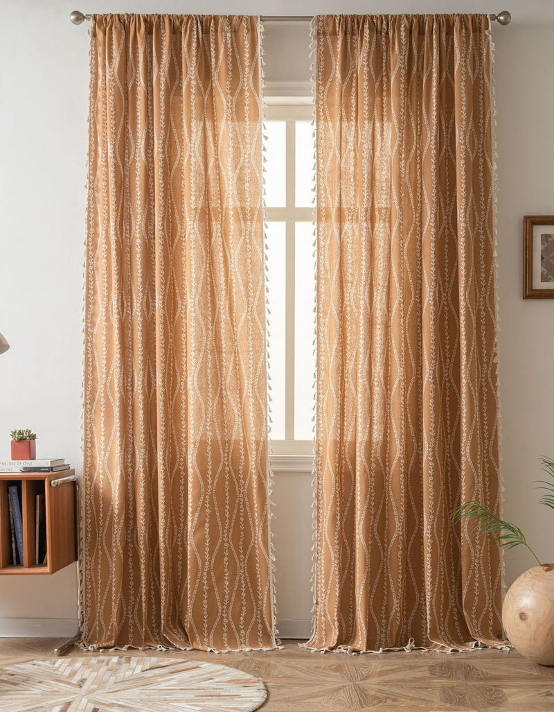 Countryside Style Floral Rustic Printed Curtain with Tassel