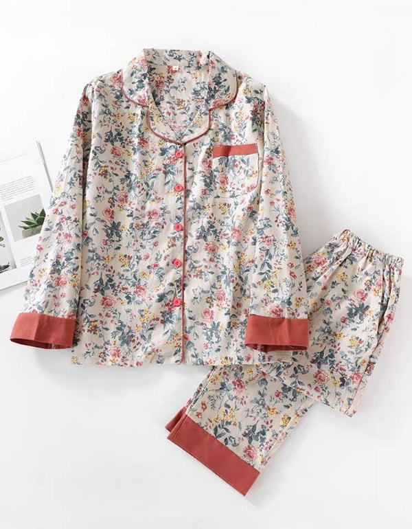 Traje de baño de manga larga de algodón puro con estampado floral de bosque